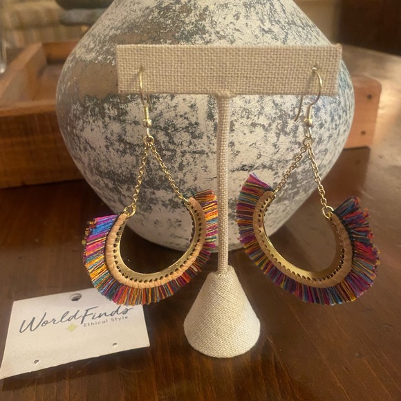 Boho Multi Colored Fringe Hoop Drop Earrings - Picture 2 of 3